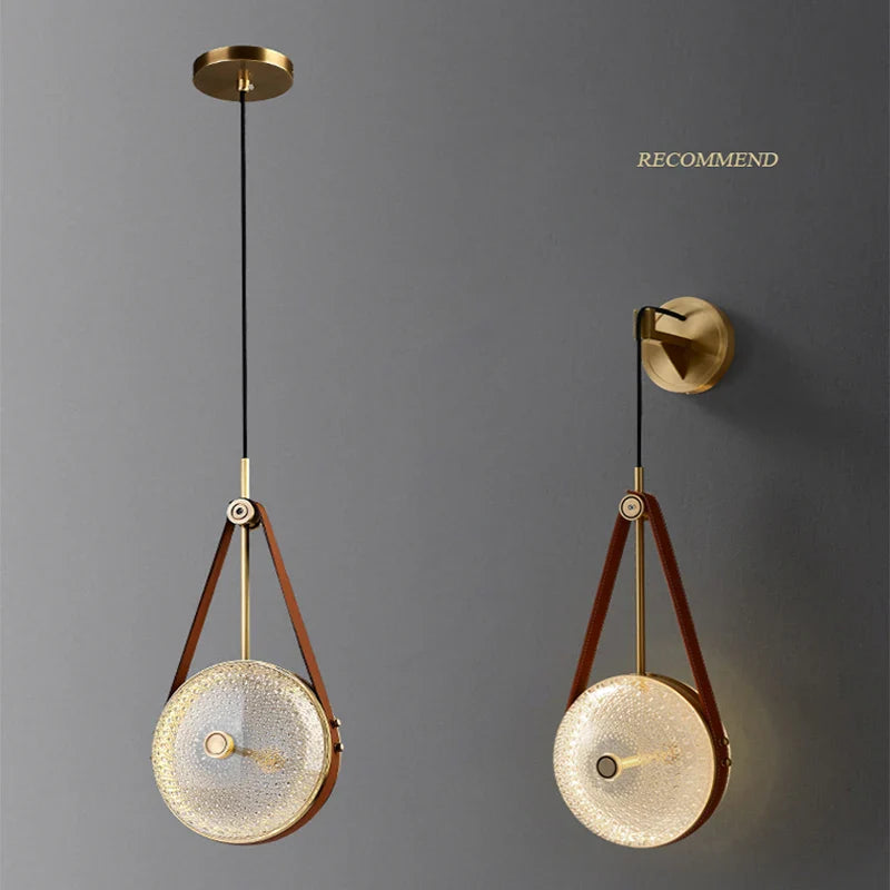 Axyaa Nordic Glass Wall Lamp, Copper Leather Bedroom Pendant