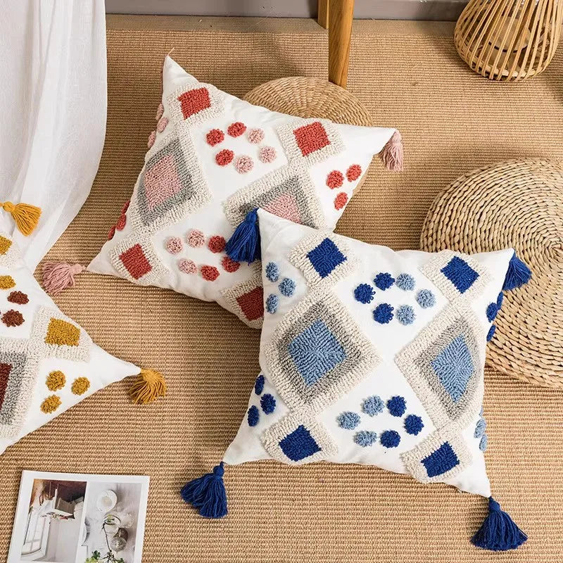 Boho Loop Tufted Tassel Pillow Cover for Home Decor by Axyaa