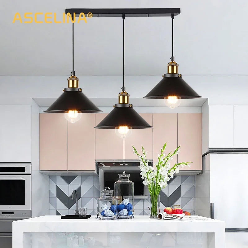 Axyaa 3-Head Retro Industrial Ceiling Chandelier in Black/Gold for Kitchen, Bedroom, Restaurant