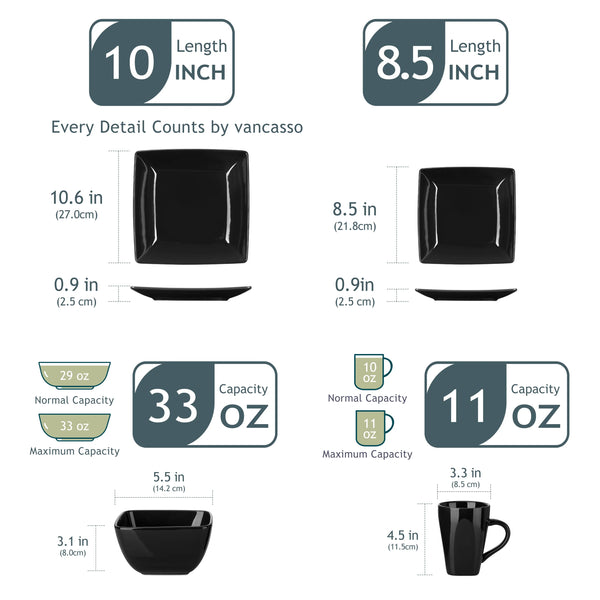 Axya SOHO Black Ceramic Square Dinnerware Set