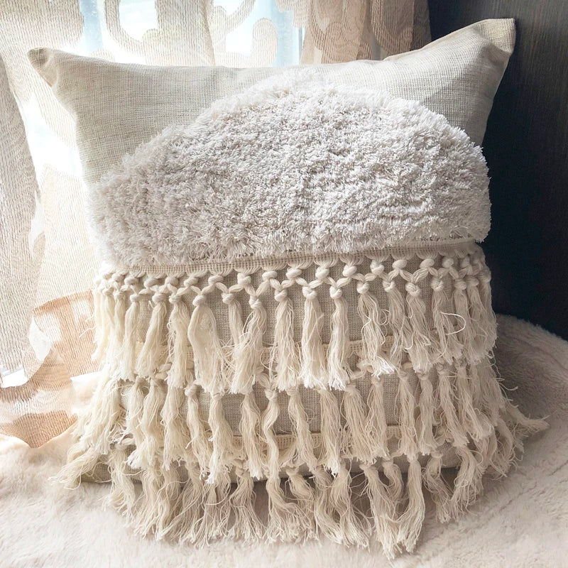 Axyaa Beige Tassels Pillow Case - Tufted Nordic Style Cushion Covers