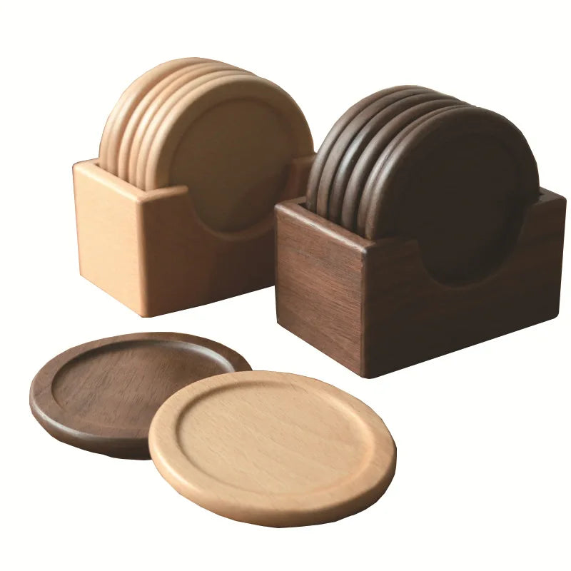 Axya Black Walnut Wooden Coaster Set - 6 Round Placemats Heat Pad, Solid Wood Boxed