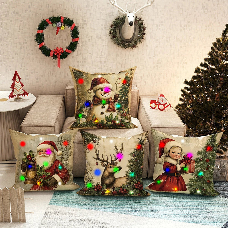Axyaa LED Christmas Pillowcase with Santa Claus Snowman Fawn Design Home Party Decor