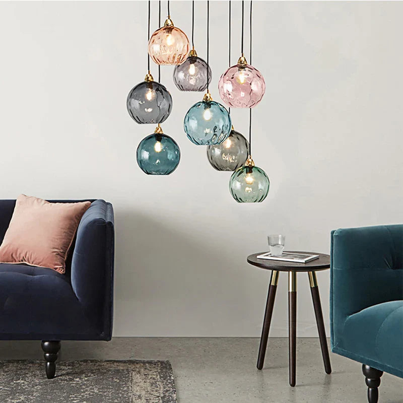 Axyaa Glass Ball Chandelier Lamp in Pink, Smoke Gray, Blue & Green for Living Room