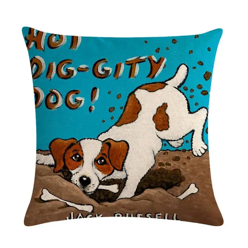 Axyaa Cartoon Dog Linen Cushion Cover for Office Furniture and Sofa Decor