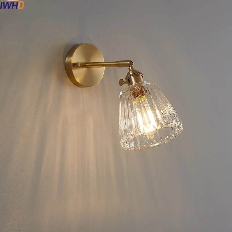 Axyaa Copper Glass Knob Switch LED Wall Light Fixture for Bedroom, Nordic Modern Arandela
