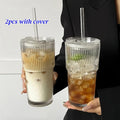 Axyaa Striped Glass Coffee Cup with Lid and Straw - Transparent Drinkware for Juice