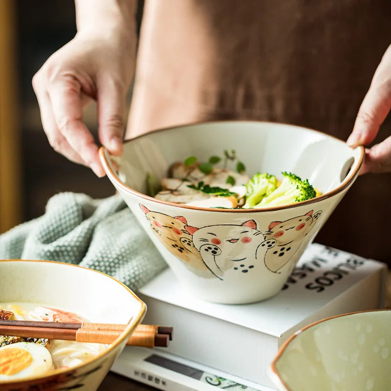 Axya Ramen Bowl with Holes Cat Ceramic Large Speaker and Bamboo Hat, Tableware