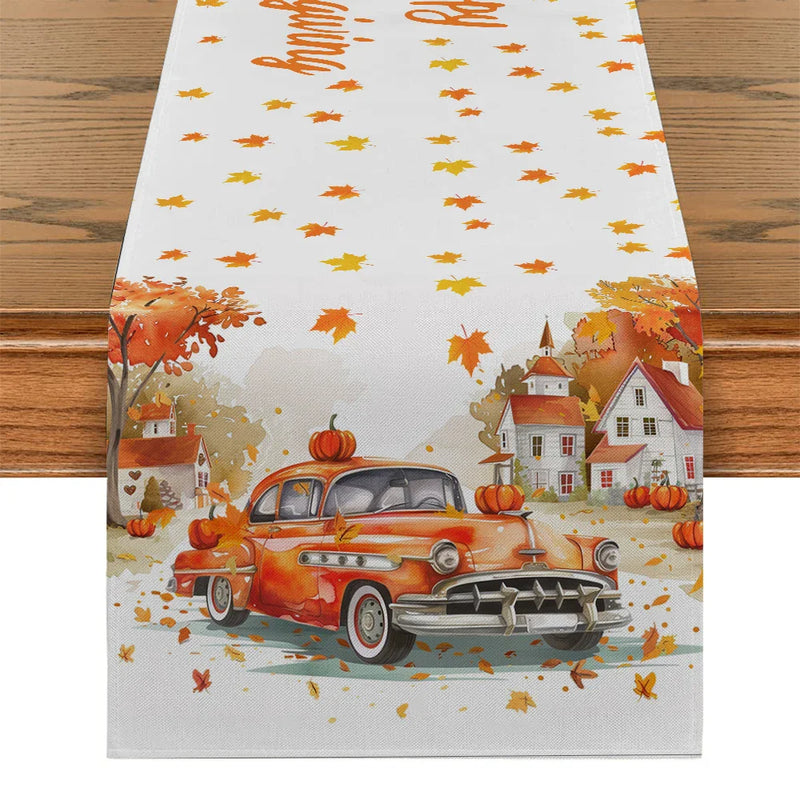 Axyaa Thanksgiving Table Runner Pumpkin Maple Leaf Decor for Dining Coffee Table