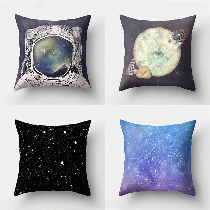Axyaa Cartoon Star Astronaut Pillow Cover 45x45cm - Cute Moon Rocket Design.