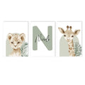 Custom Name Nordic Cute Animal Art Print Canvas Painting Lion Giraffe Poster by Axyaa