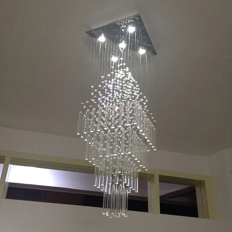 Axyaa Crystal Column Chandelier: Modern Square Base Hanging Lamp for Living Room, Stairs, Loft