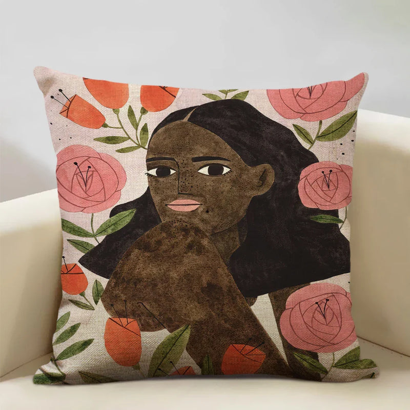 Axyaa Beauty Girl Cat Print Linen Pillowcase Portrait Cartoon Home Decor Cover