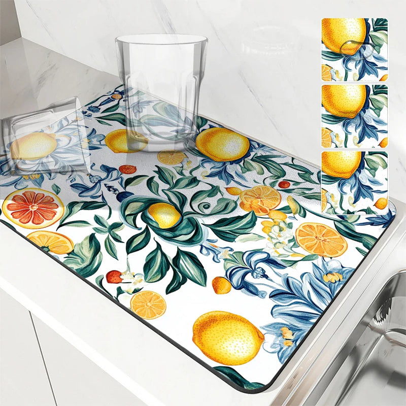 Axyaa Plant Leaf Lemon Kitchen Drying Mat - Quick Dry Absorbent Draining Pad
