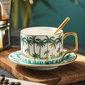 Axyaa Ocean Pattern Ceramic Flower Coffee Cup with Gold Handle and Dish