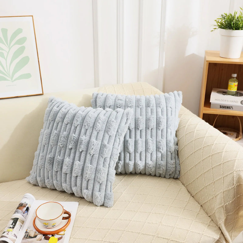 Axyaa Boho Striped Faux Rabbit Fur Velvet Cushion 18x18In Beige