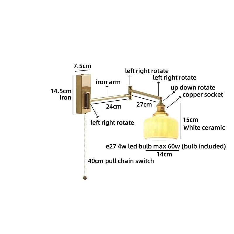 Axyaa Nordic LED Swing Arm Wall Lamp Gold Rotate Bedroom Bedside Light