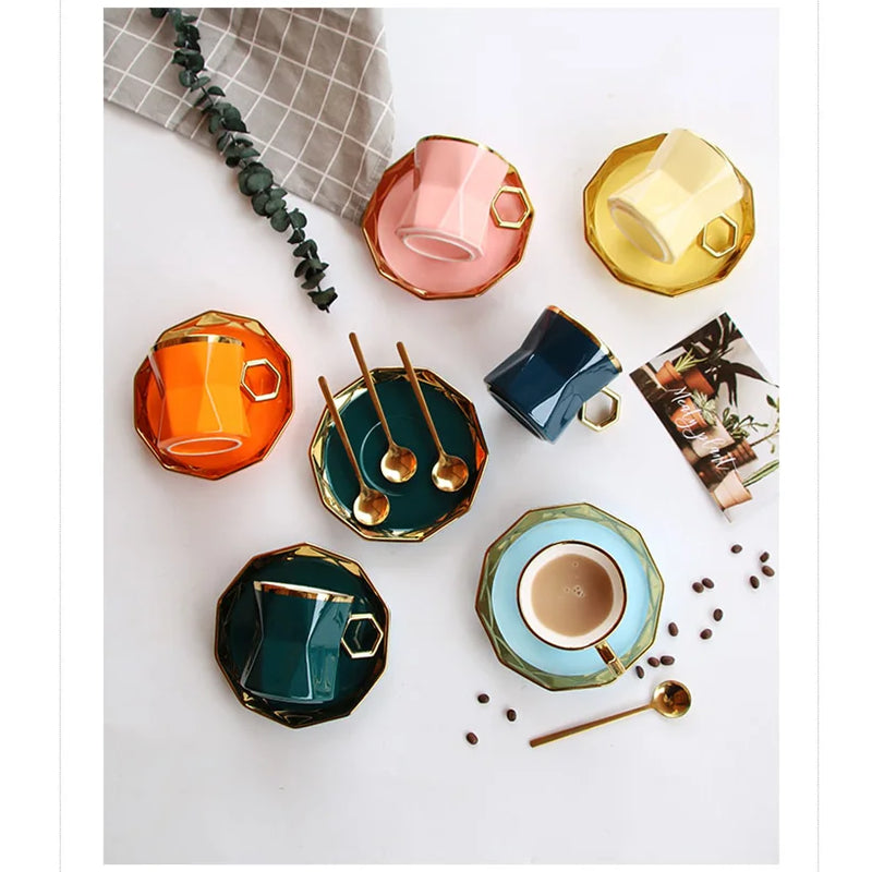 Axya Gold Ceramic Coffee Cup and Saucer Set, High-Grade Tea Dishes, Trendy Design