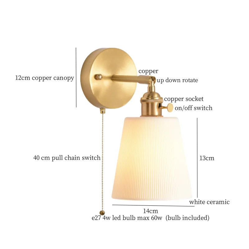 Axyaa Ceramic LED Wall Sconce with Pull Chain for Home Decor