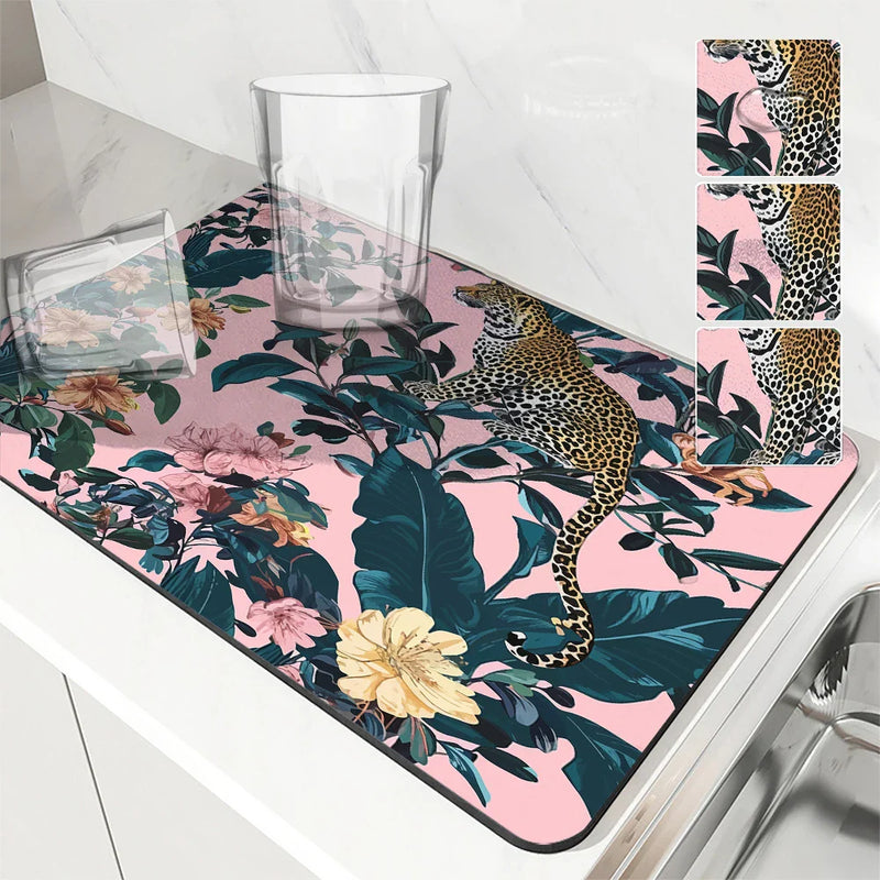 Axyaa Leopard Kitchen Drying Mat - Quick Dry Antiskid Tableware Mat