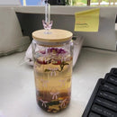 Axyaa Bowknot Glass Cups: 500ml Can Shaped Tumbler with Bamboo Lid and Straw