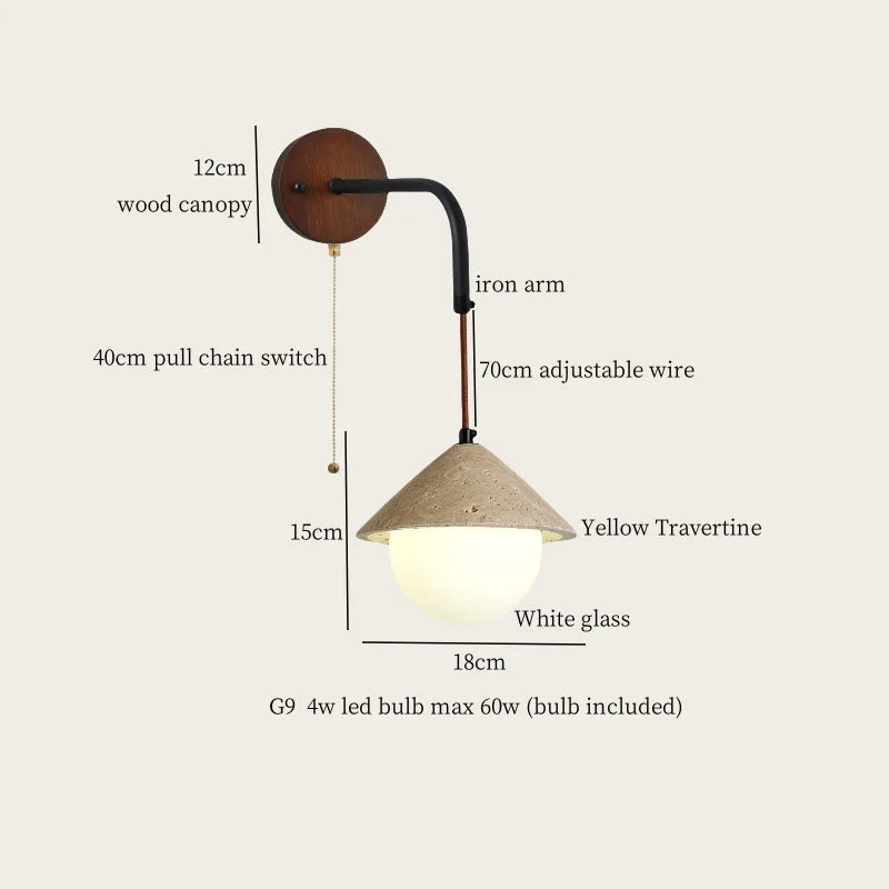 Axyaa Stone Glass LED Wall Light 70CM Adjustable Yellow Travertine Wabi Sabi Bedroom Lamp