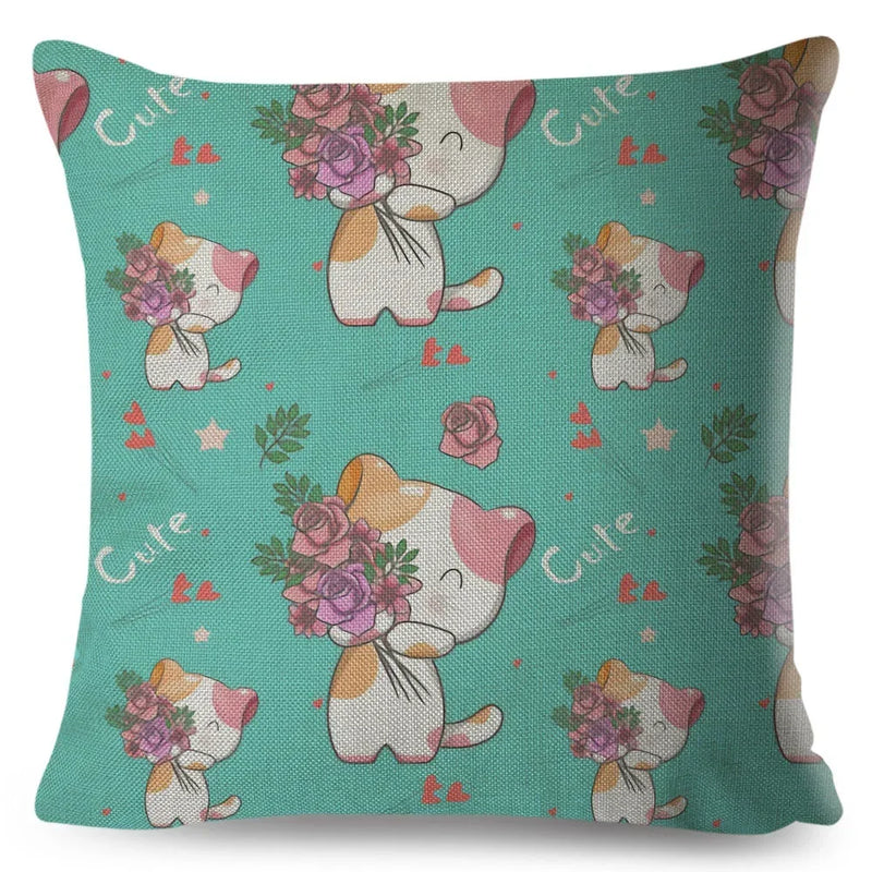Axyaa Cat Cushion Cover: Decorative Linen Pillow for Home, Sofa, Children's Room