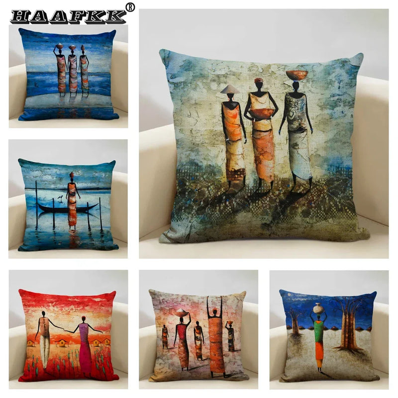 Axyaa African Oil Painting Art Pillow Case 45x45cm Linen Cushion Cover
