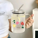 Axyaa Cute Glass Cup with Lid & Straw: Large Tea Coffee Mug for Home & Office