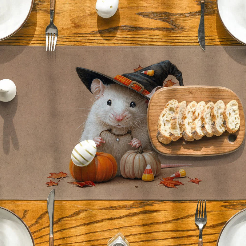 Axyaa Halloween Mouse Pumpkin Wizard Hat Table Runner