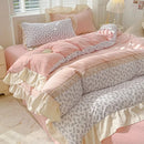 Axyaa Pink Checkered Lace Duvet Set: 1 Duvet, 2 Pillowcases, Bed Sheet.