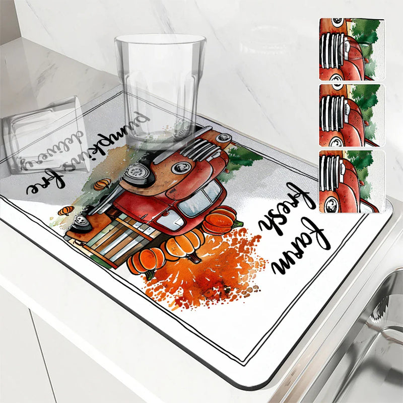 Drying Mat for Fall Vibes: Autumn Truck & Pumpkin Non-Slip Absorbent Mat by Axyaa