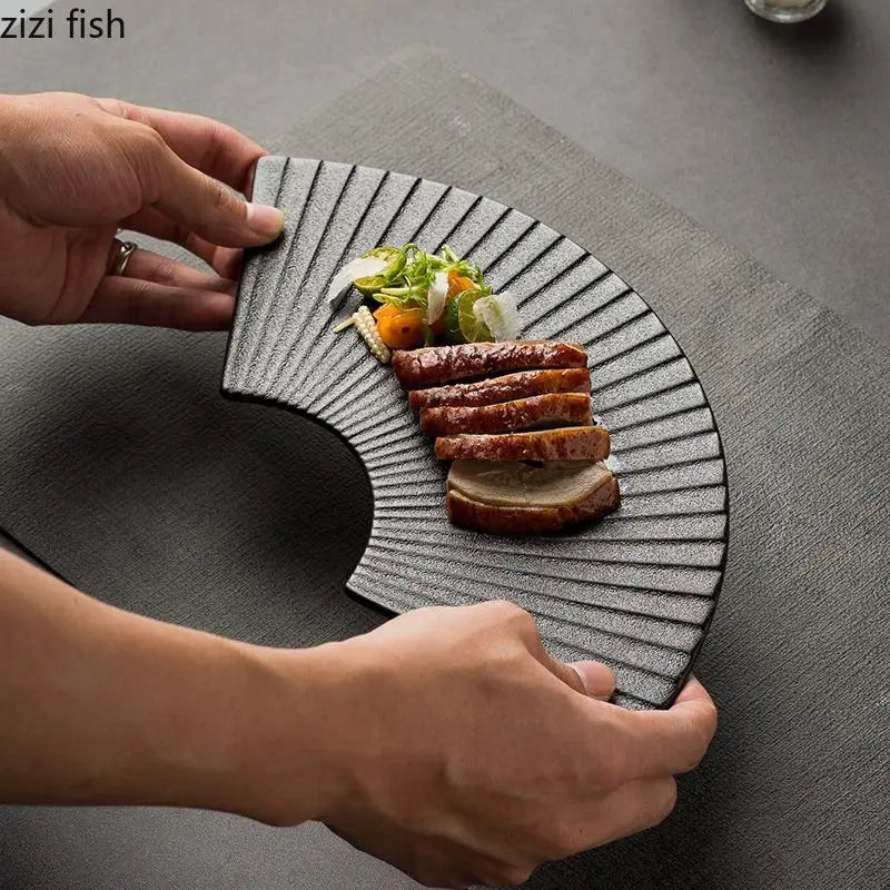 Axya Ceramic Fan-Shaped Sushi Plate Set - Striped Creative Dining Tableware