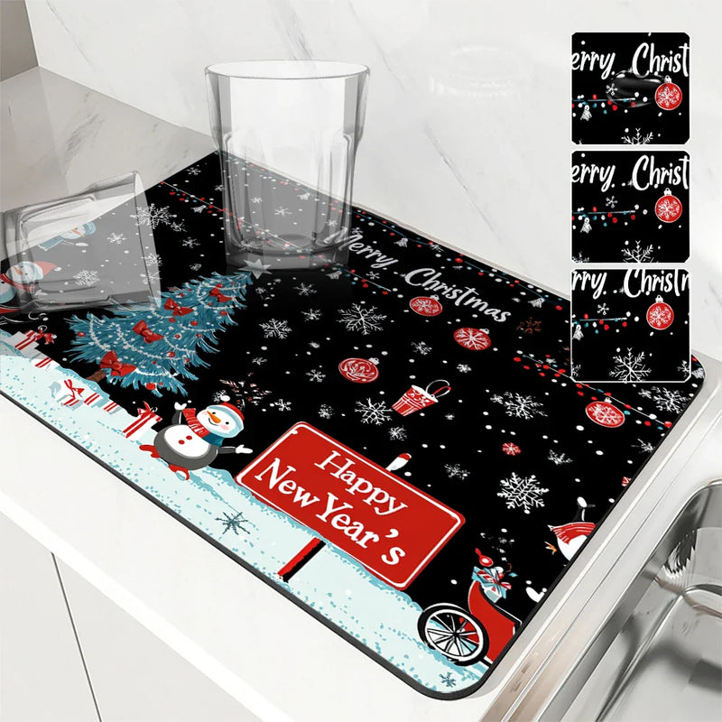 Christmas Santa Tree Non-Slip Drying Mat for Kitchen - Axyaa Tableware Absorbent Placemat