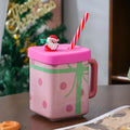 Axyaa 450ML Ceramic Santa Claus Mug With Lid & Straw - Couples Christmas Gift