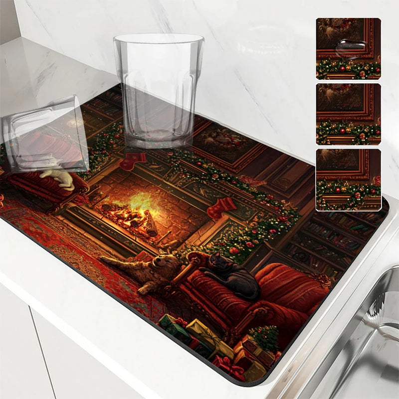 Axyaa Christmas Cat Fireplace Bow Drying Mat