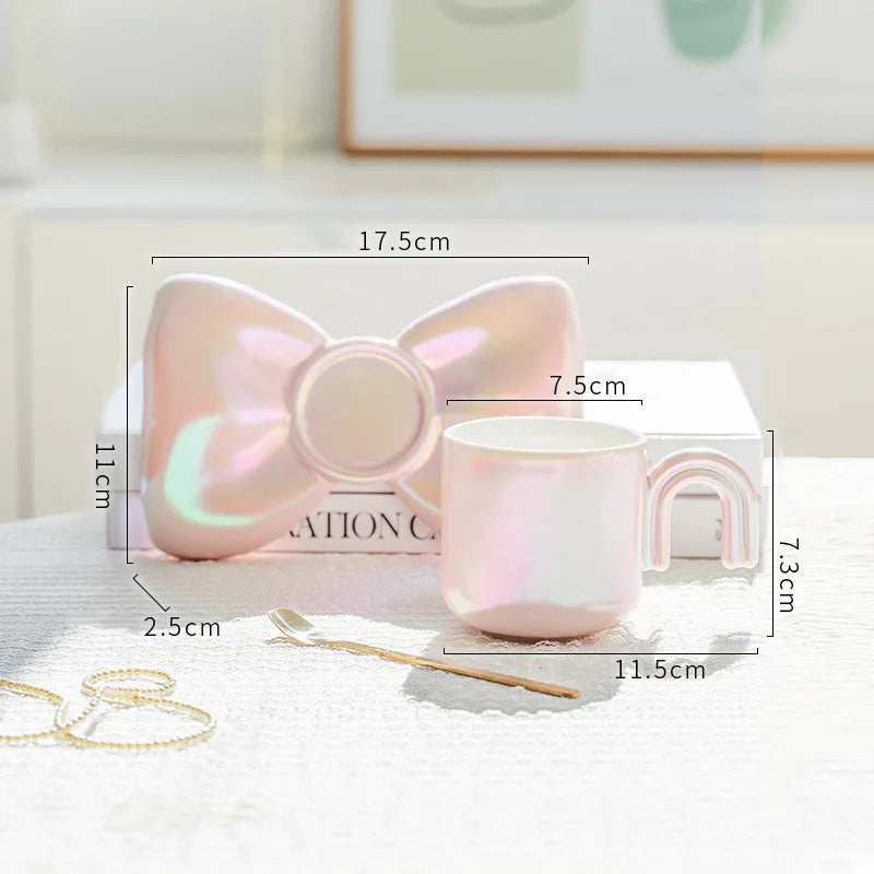 Axya Cartoon Bow Ceramic Cup Saucer Set - Cute Children's Breakfast Milk Gift