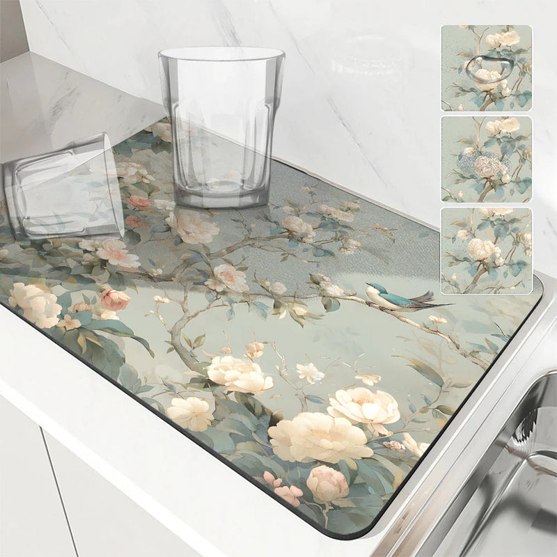 Axyaa Coffee Mat: Absorbent Kitchen Drying Pad with Plants, Birds & Flowers