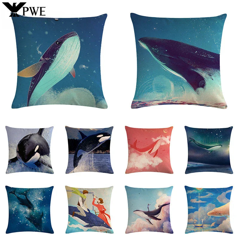Whale Print Linen Pillowcase for Home and Office Decor by Axyaa