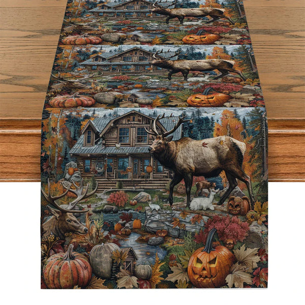 Axyaa Autumn Elk Pumpkin Table Runner for Kitchen Dining Decor