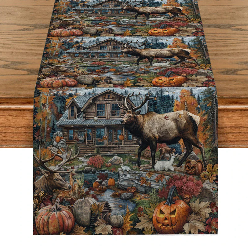 Axyaa Autumn Elk Pumpkin Table Runner for Kitchen Dining Decor