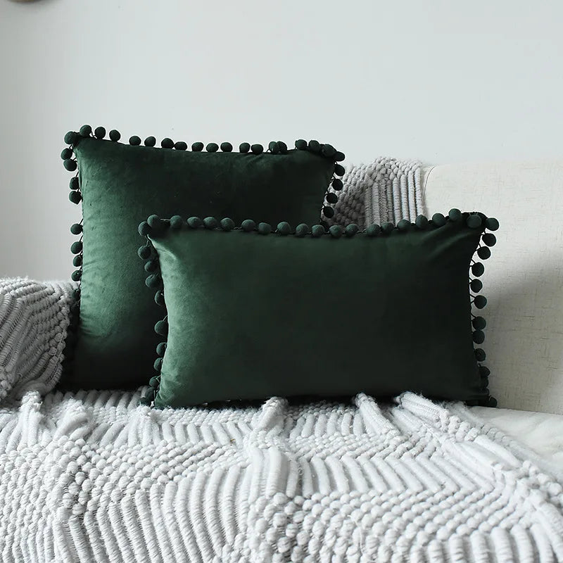 Axyaa Velvet Cushion Cover with Tassels Fringe - Soft Decorative Boho Pillows