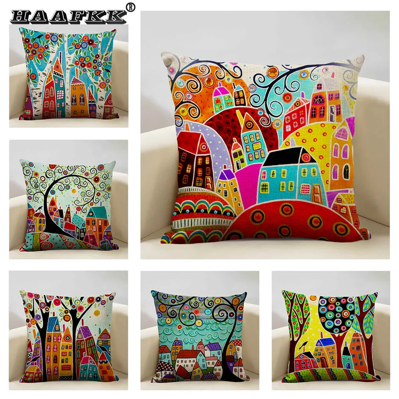 Hand-Painted Retro Country Linen Cushion Cover by Axyaa