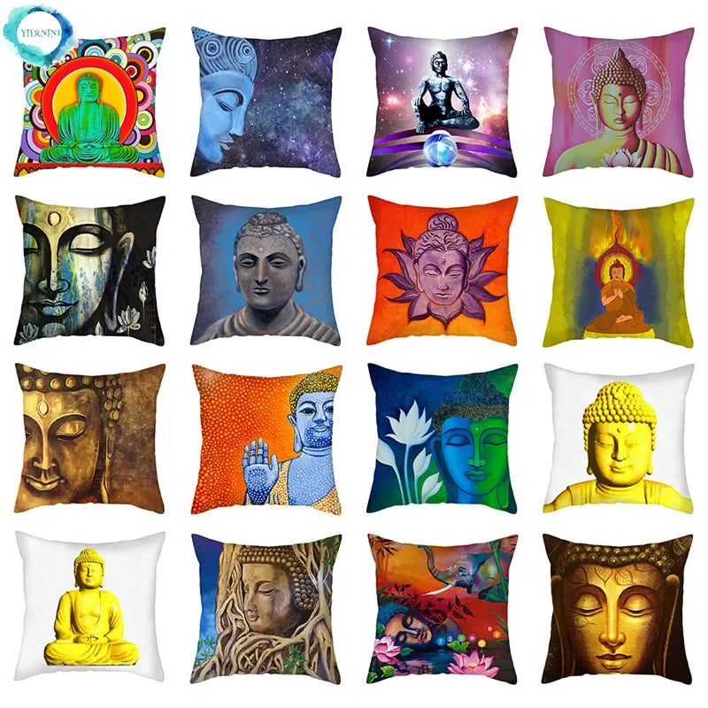 Axyaa Buddha Statue Polyester Cushion Cover for Home Sofa Decor