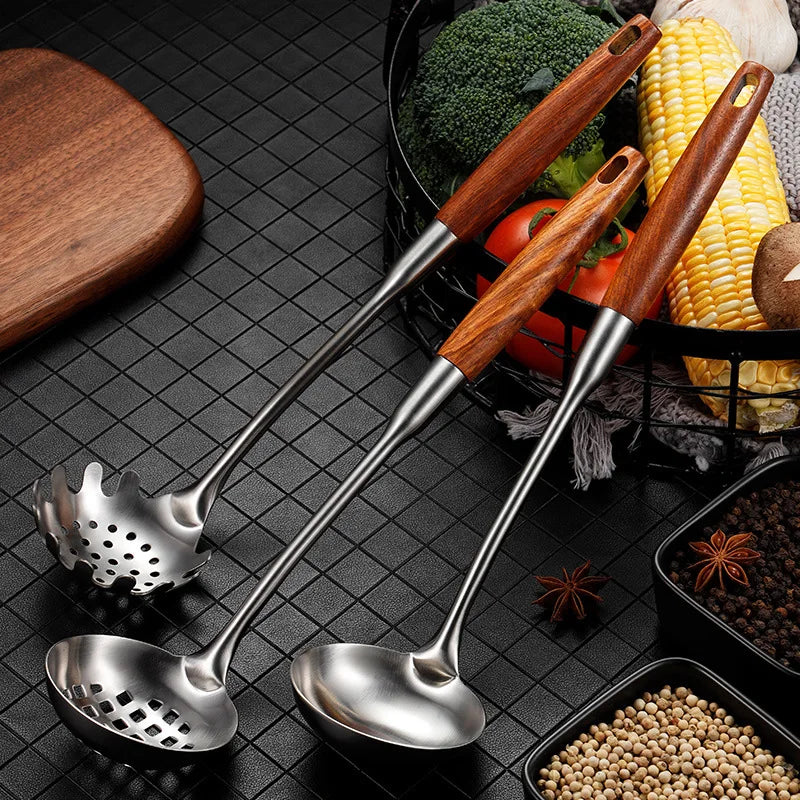 Axyaa Stainless Steel Wooden Handle Soup Spoon Colander Skimmer - Kitchen Tableware