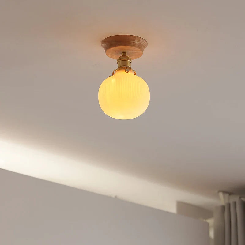 Axyaa White Ceramic LED Ceiling Light with Wood Canopy for Kitchen Living Room