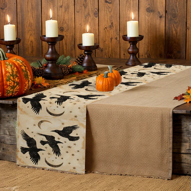 Black Crow Watercolor Silhouette Table Runner for Dining & Party Decor by Axyaa