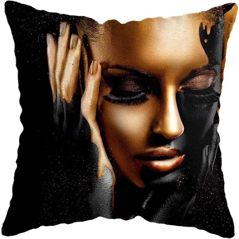 Axyaa Black Gold African Lady Woman Art Deco Pillowcase