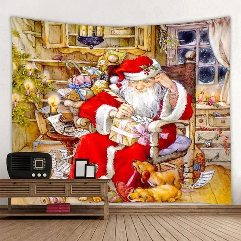 Axyaa Christmas Party Decoration Background Cloth Santa Claus Christmas Tree Stove Tapestry