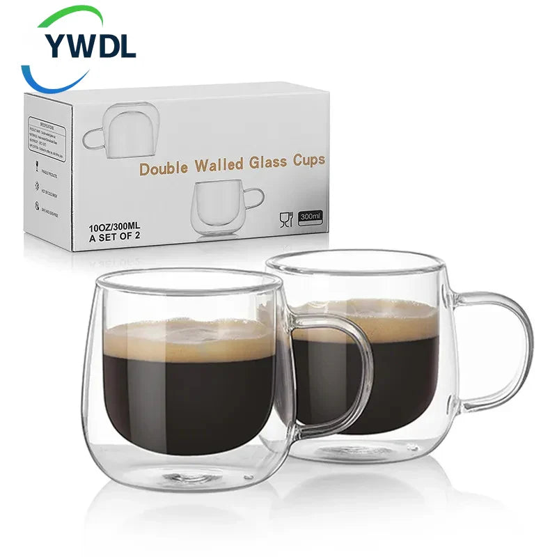 Axya 300ml Double Wall Glass Coffee Cups Set with Handle, Insulated Teacup Mug